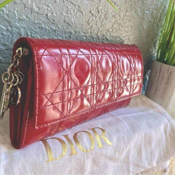Lady Dior Cannage Quilted Cherry Red Patent Leather Calfskin Wallet Bag & Chain - Picture 10 of 17